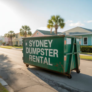 green dumpster with sydney dumpster rental written on the side