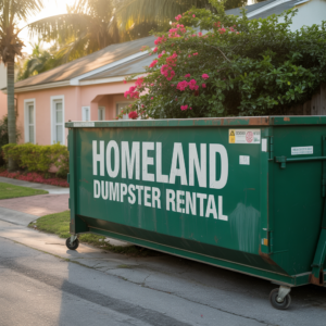 Homeland dumpster rental written of the side of a dumpster in a florida town